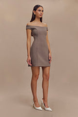 Cassidy Crepe Off Shoulder Mini Dress - Smoke