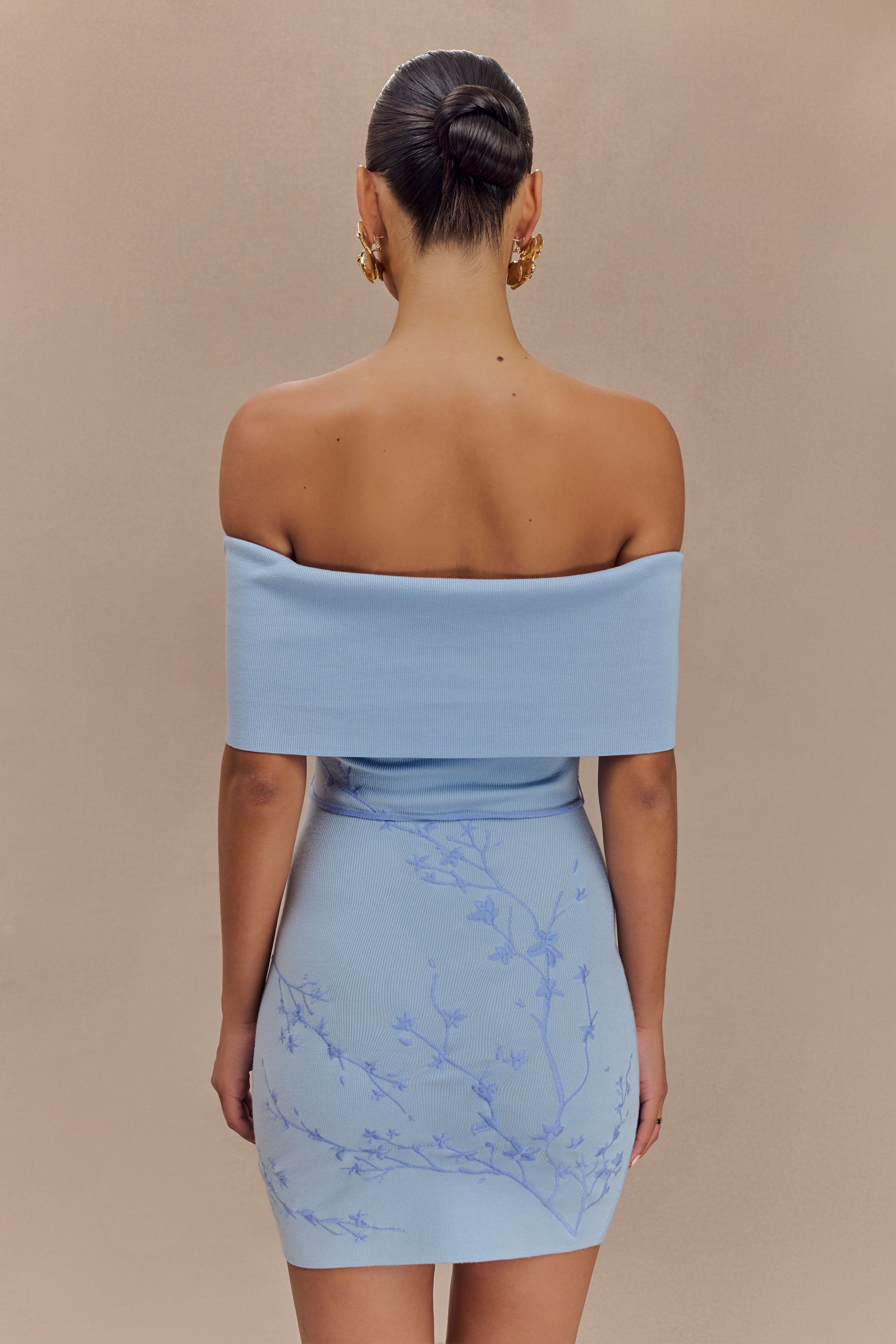 Mallory Off Shoulder Embroidered Knit Mini Dress - Ice Blue