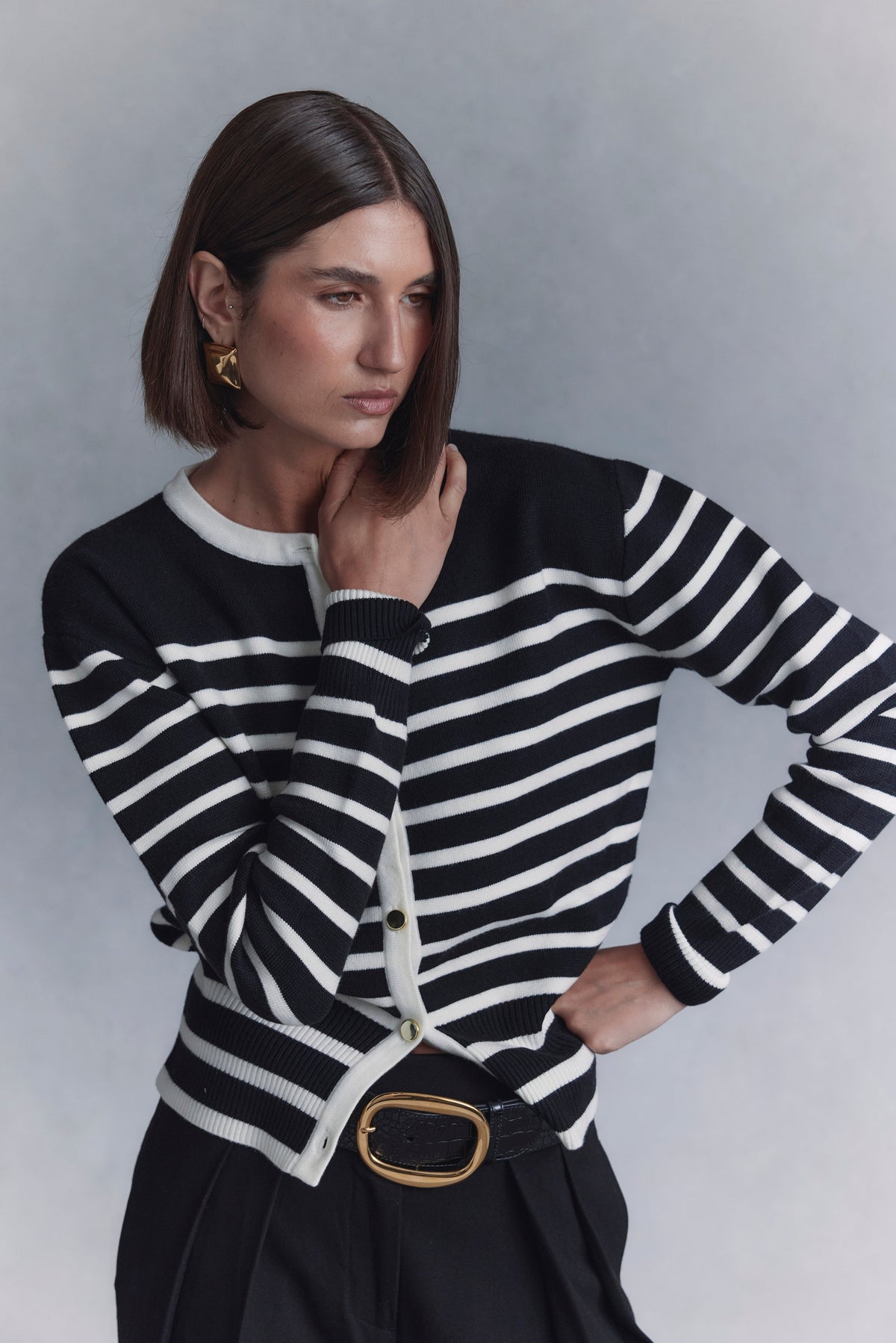Talia Stripe Knit Cardigan - Black/White
