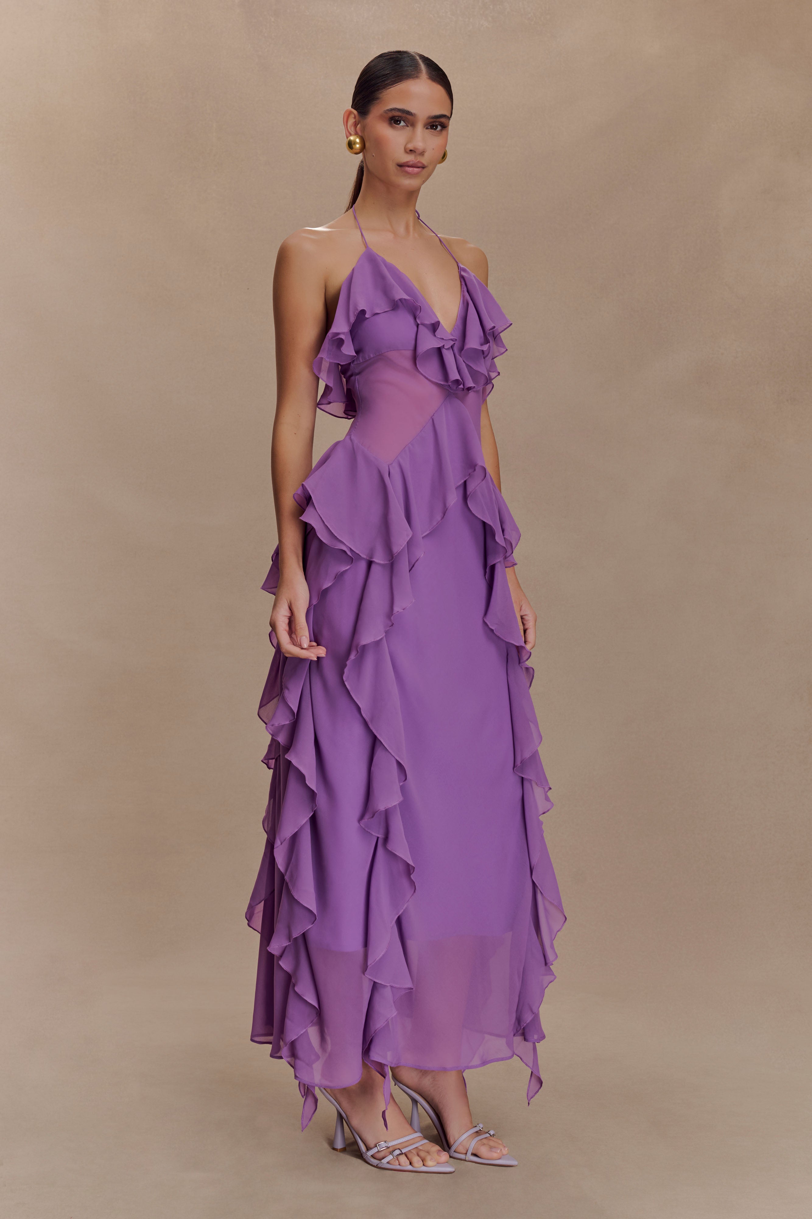 Aleyna Chiffon Ruffle Midi Dress - Purple